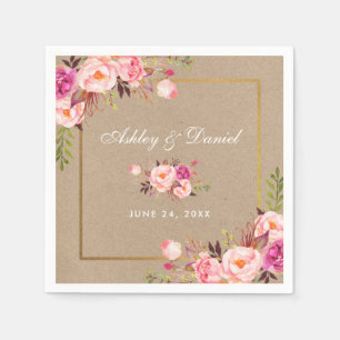 Kraft Waterverf Pink Blush Floral Gold Wedding Servet