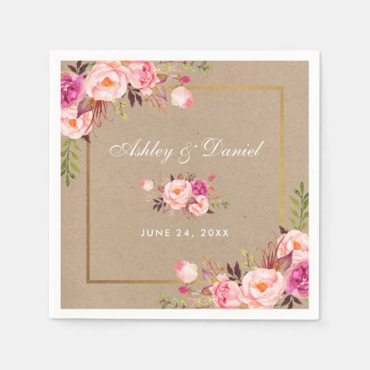 Kraft Waterverf Pink Blush Floral Gold Wedding Servet (Voorkant)