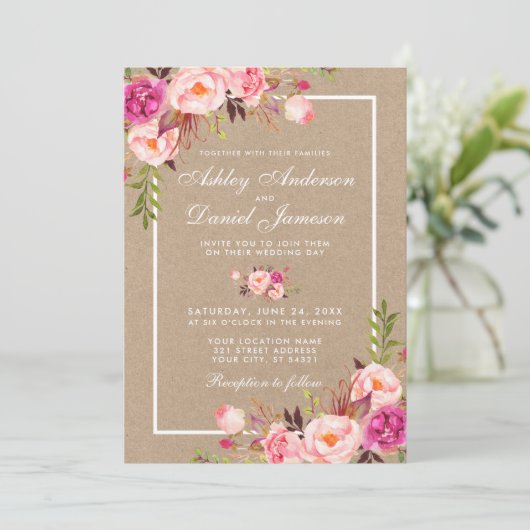 Kraft Waterverf Pink Blush Floral Wedding Invite (Staand voorkant)