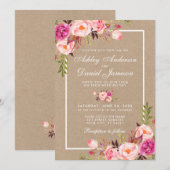 Kraft Waterverf Pink Blush Floral Wedding Invite (Voorkant / Achterkant)