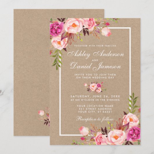Kraft Waterverf Pink Blush Floral Wedding Invite (Voorkant / Achterkant)