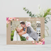 Kraft Waterverf Pink Floral Wedding Foto Bedankkaart (Staand voorkant)