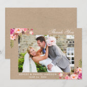 Kraft Waterverf Pink Floral Wedding Foto Bedankkaart (Voorkant / Achterkant)