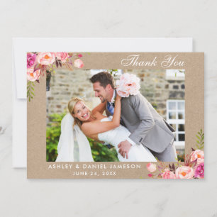 Kraft Waterverf Pink Floral Wedding Foto Bedankkaart