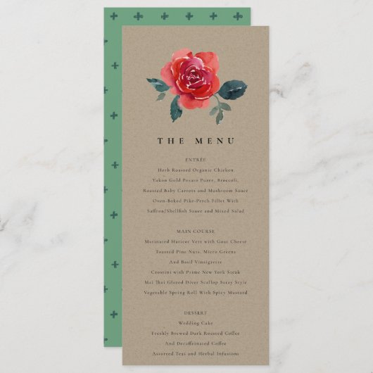 KRAFT WATERVERF RED GREEN ROOS FLORAL WEDING MENU (Voorkant / Achterkant)
