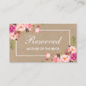 Kraft Waterverf Roze Bloemen Bruiloft Gereserveerd Plaatskaartje (Voorkant)