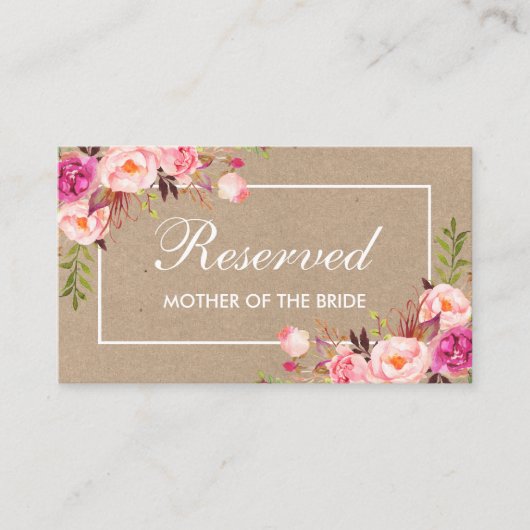 Kraft Waterverf Roze Bloemen Bruiloft Gereserveerd Plaatskaartje (Voorkant)