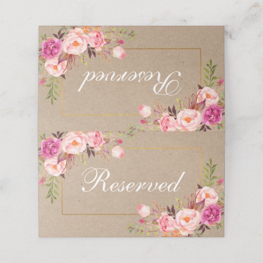 Kraft Waterverf Roze Bloemen Goud Bruiloft Gereser Plaatskaartje (Buitenkant ongevouwen)