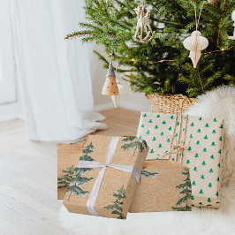 Kraft Waterverf Winter Pine Green Tree Kerstmis Cadeaupapier