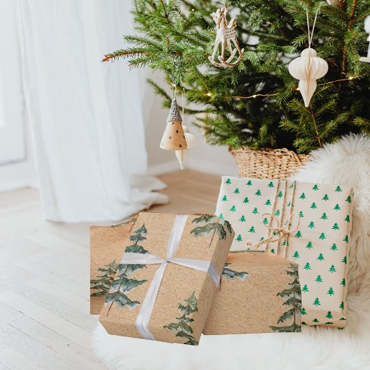 Kraft Waterverf Winter Pine Green Tree Kerstmis Cadeaupapier