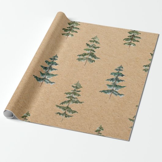 Kraft Waterverf Winter Pine Green Tree Kerstmis Cadeaupapier (Uitgerold)