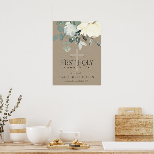 KRAFT WHITE FLORAL FIRST HOLY COMMUNION WELCOMM POSTER (Keuken)