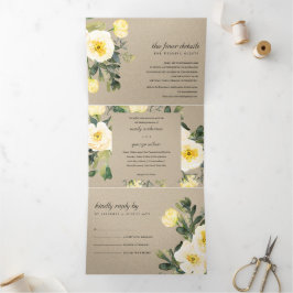 KRAFT WHITE YELLOW PEONY FLORAL WATERVERF WEDING DRIELUIK UITNODIGING