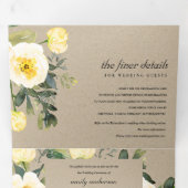 KRAFT WHITE YELLOW PEONY FLORAL WATERVERF WEDING DRIELUIK UITNODIGING (Binnenzijde eerst)