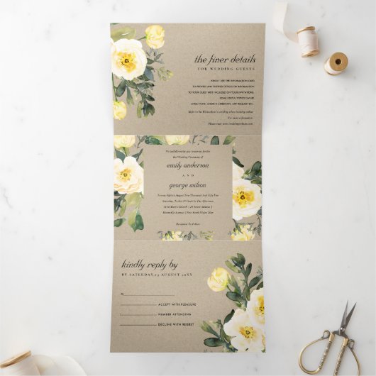 KRAFT WHITE YELLOW PEONY FLORAL WATERVERF WEDING DRIELUIK UITNODIGING (Binnen)