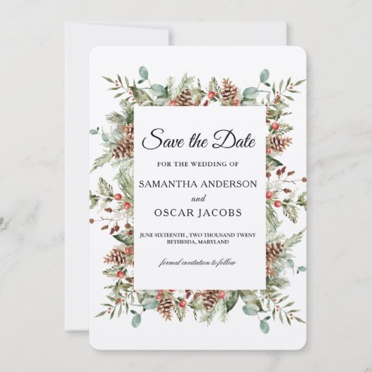 Kraft Winter Green Pine Cone Lijst Save The Date (Voorkant)