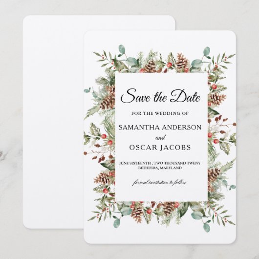 Kraft Winter Green Pine Cone Lijst Save The Date (Voorkant / Achterkant)
