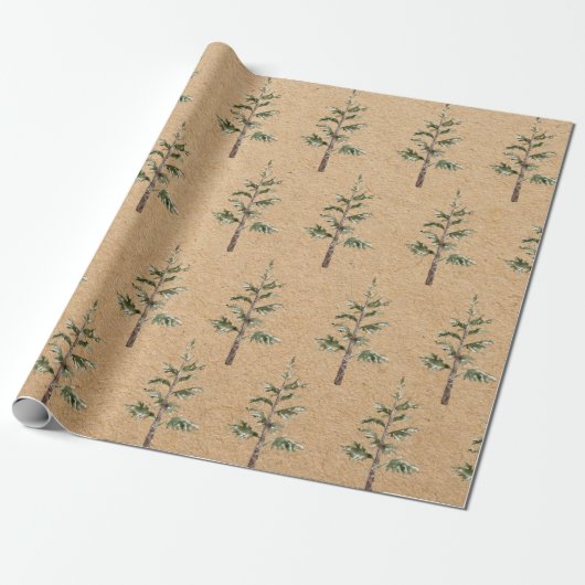 Kraft Winter Pine Green Waterverf Tree Cadeaupapier (Uitgerold)