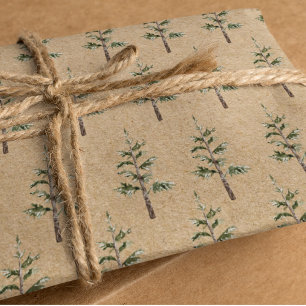 Kraft Winter Pine Green Waterverf Tree Cadeaupapier