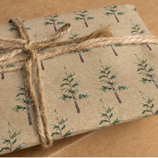 Kraft Winter Pine Green Waterverf Tree Cadeaupapier