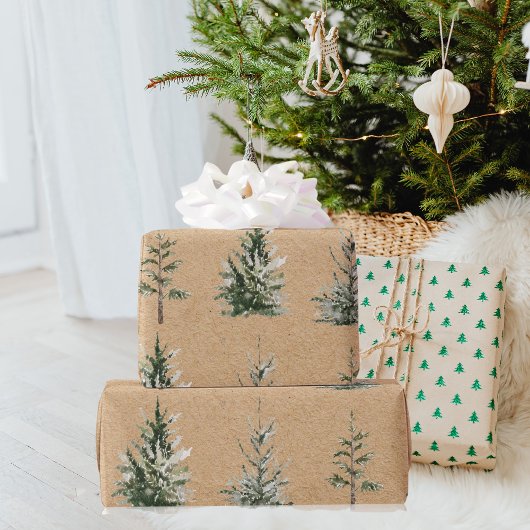 Kraft Winter Pine Green Waterverf Tree Cadeaupapier