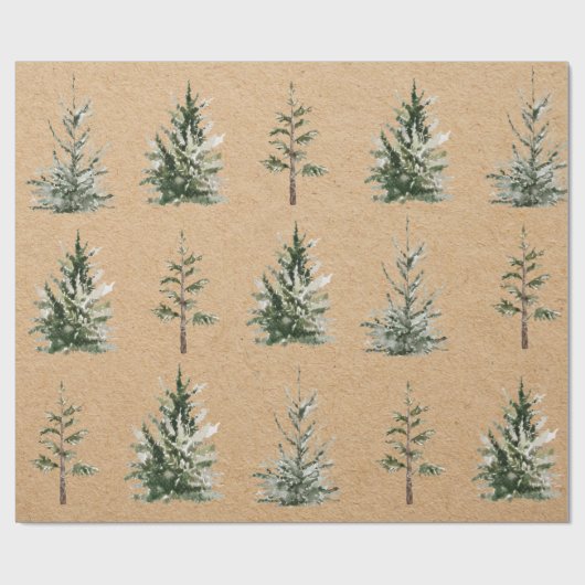 Kraft Winter Pine Green Waterverf Tree Cadeaupapier (Vlak)