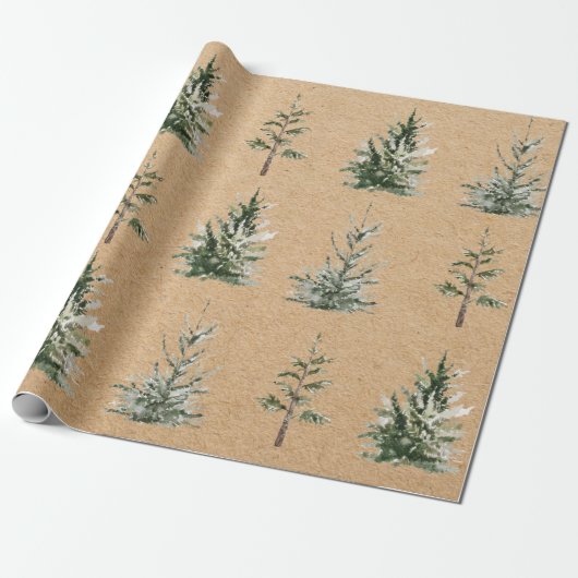 Kraft Winter Pine Green Waterverf Tree Cadeaupapier (Uitgerold)