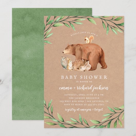 Kraft Woodland Greenery Forest Animals Baby shower Kaart (Voorkant / Achterkant)