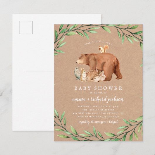 Kraft Woodland Greenery Forest Animals Baby shower Uitnodiging Briefkaart (Voorkant / Achterkant)