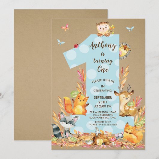Kraft Woodland One Boys Birthday Invitation Kaart (Voorkant / Achterkant)