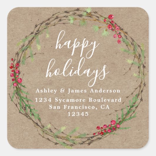 Kraft Wreath Holiday Return Address Vierkante Sticker (Voorkant)