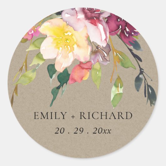 KRAFT YELLOW BLUSH BURGUNDY FLORAL BUNCH WEDING RONDE STICKER (Voorkant)