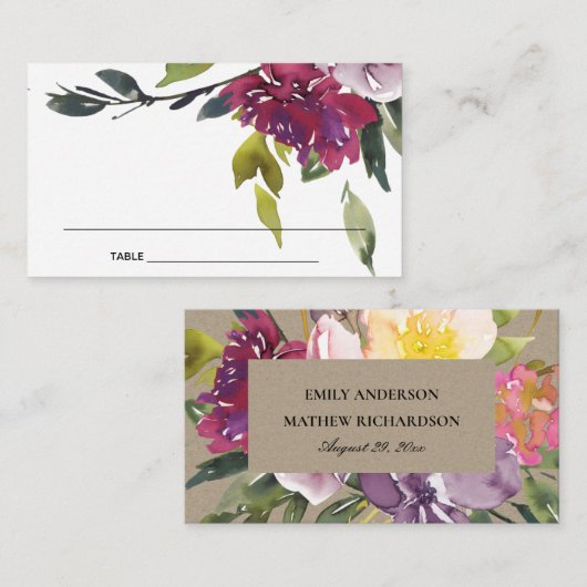KRAFT YELLOW BLUSH BURGUNDY FLORAL PLACE CARDS VISITEKAARTJE (Voorkant / Achterkant)