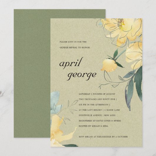 KRAFT YELLOW GREEN FLORAL GENDER REVEAL INVITE BEDANKKAART (Voorkant / Achterkant)