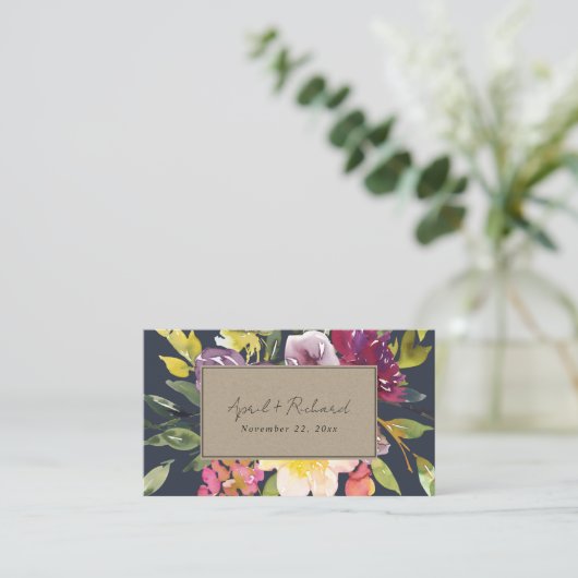 KRAFT YELLOW NAVY BURGUNDY FLORAL WEDDING WEBSITE VISITEKAARTJE (Staand voorkant)