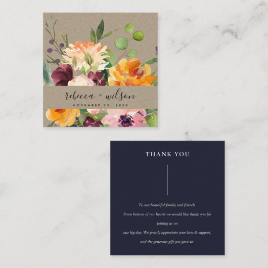 KRAFT YELLOW ORANJE FLORA BUNCH WEDDING DANK U VIERKANTE VISITEKAARTJE (Voorkant / Achterkant)