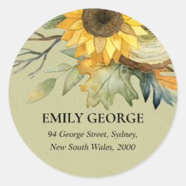 KRAFT YELLOW SUNFLOWER WATERVERF FLORAAL ADRES RONDE STICKER