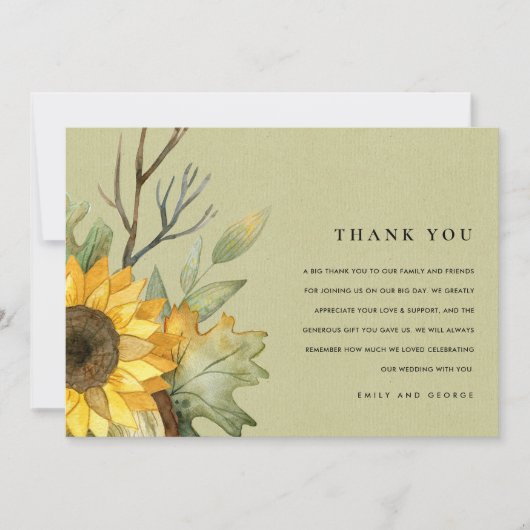 KRAFT YELLOW SUNFLOWER WATERVERF FLORAL WEDING BEDANKKAART (Voorkant)