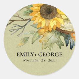 KRAFT YELLOW SUNFLOWER WATERVERF FLORAL WEDING RONDE STICKER