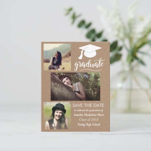 Kraftpapier Afstuderen | Sparen de Datum Drie Foto Briefkaart (Staand voorkant)