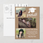 Kraftpapier Afstuderen | Sparen de Datum Drie Foto Briefkaart (Voorkant / Achterkant)