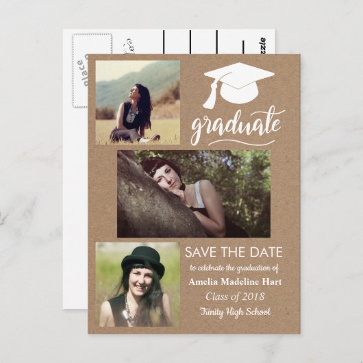 Kraftpapier Afstuderen | Sparen de Datum Drie Foto Briefkaart (Voorkant / Achterkant)