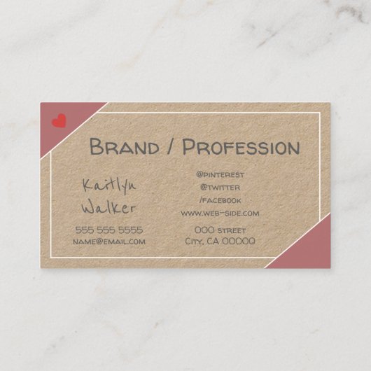 Kraftpapier Rustiek  Roze Beige Handgemaakt Visitekaartje (Achterkant)