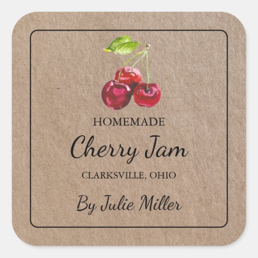 Kraftpapier Zelfgemaakt Cherry Jam Square Label (Voorkant)