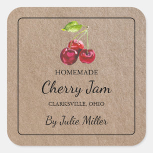 Kraftpapier Zelfgemaakt Cherry Jam Square Label