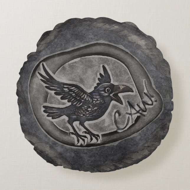 Krähe Crow Rabe ruft CAW!  Rond Kussen (Voorkant)