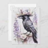 Krähe Rabe Crow mit Hut und Blumen Watercolor Briefkaart (Voorkant / Achterkant)