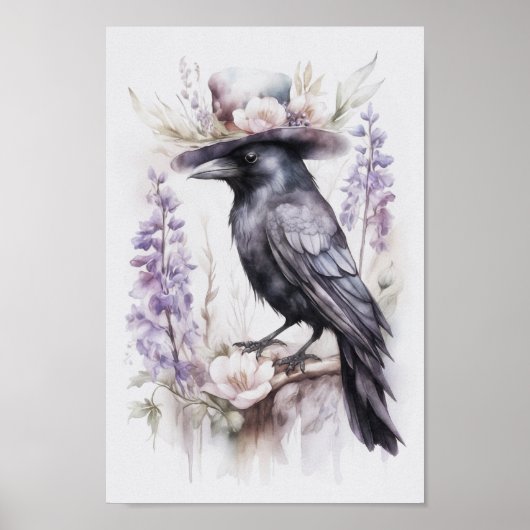 Krähe Rabe Crow mit Hut und Blumen Watercolor Poster (Voorkant)