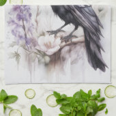 Krähe Rabe Crow mit Hut und Blumen Watercolor Theedoek (Gevouwen)