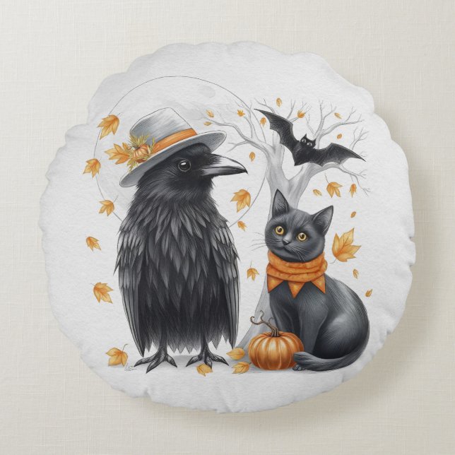 Krähe und Katze Halloween Herbst Crow  Rond Kussen (Voorkant)